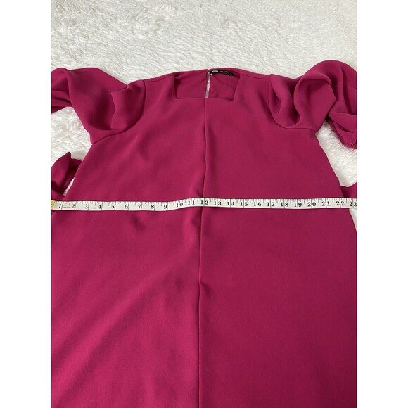 Zara Mini Dress Women Size S Fuchsia Long Balloon Sleeves Tunic Tie Waist - Picture 10 of 15